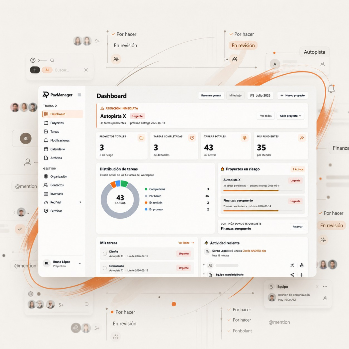 PavManager: dashboard del workspace con proyectos, tareas, distribuci&oacute;n de trabajo y actividad del equipo
